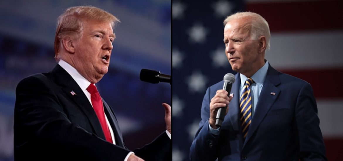 Split screen of 2024 presidential election candidates Donald Trump and Joe Biden