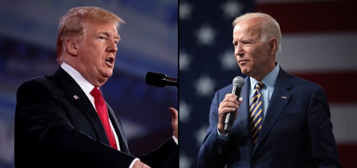 Split screen of 2024 presidential election candidates Donald Trump and Joe Biden