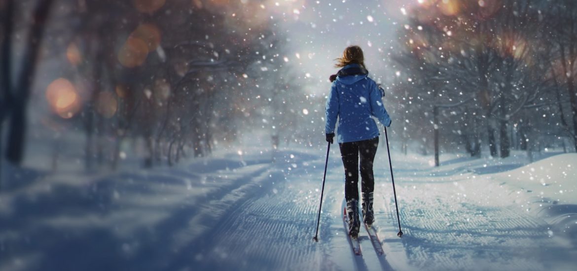 A woman, seen from behind, cross-country skiing in a snowy setting illustrates why we need exercise