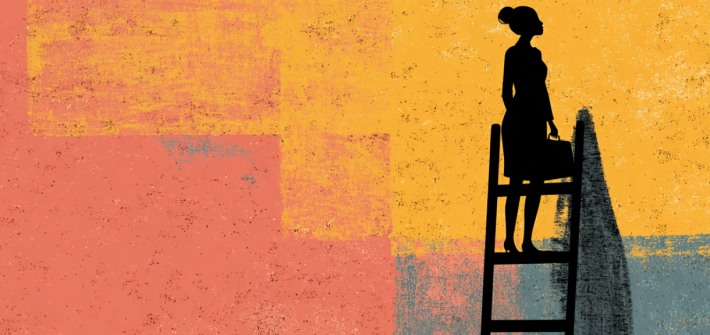 A business woman climbing a ladder as she advances her career