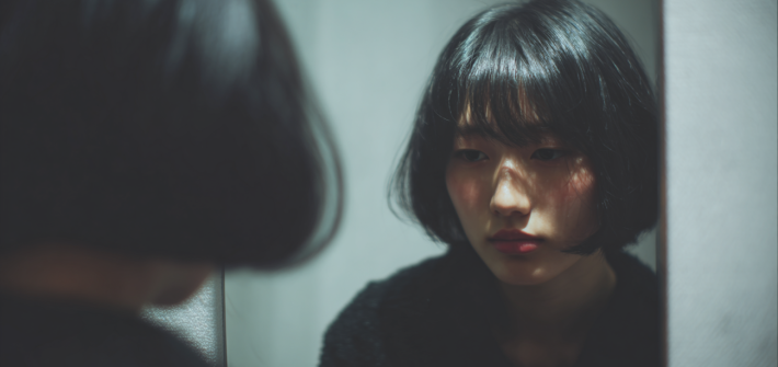 A woman looking at her reflection in the mirror, practicing Hansei