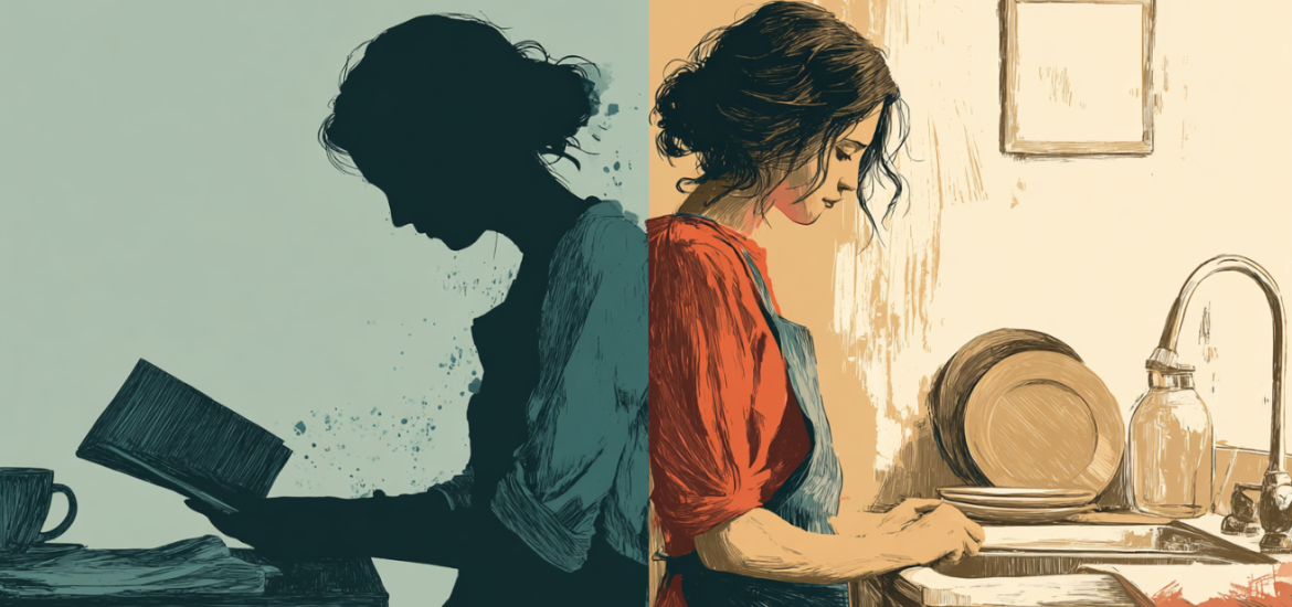 A split image of a woman reading and doing dishes, to represent the two learning systems