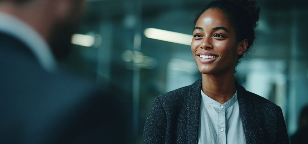 A woman showing professional communication skills talking to a coworker