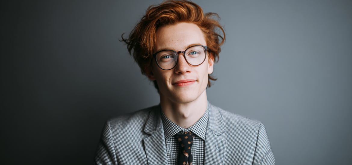 A young person in a business suit looking for career advice for young professionals