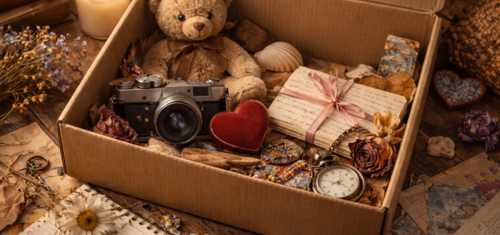 A cardboard box full of random, sentimental keepsakes