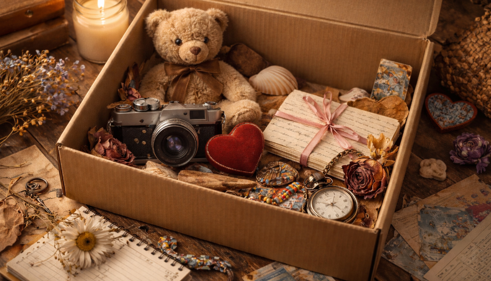 A cardboard box full of random, sentimental keepsakes
