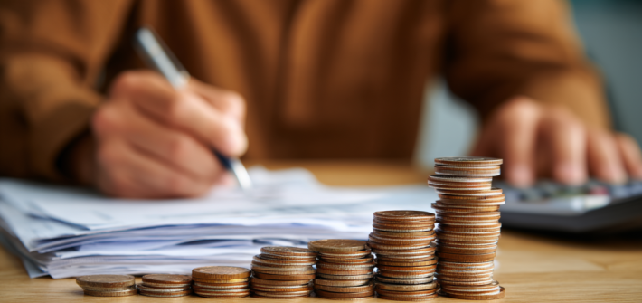 A person budgeting with a calculator behind a stack of coins