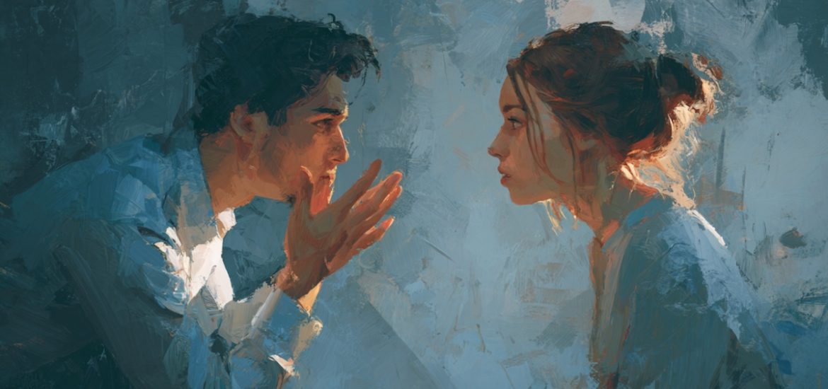 An agitated man arguing with a composed woman illustrates how to stay calm in an argument