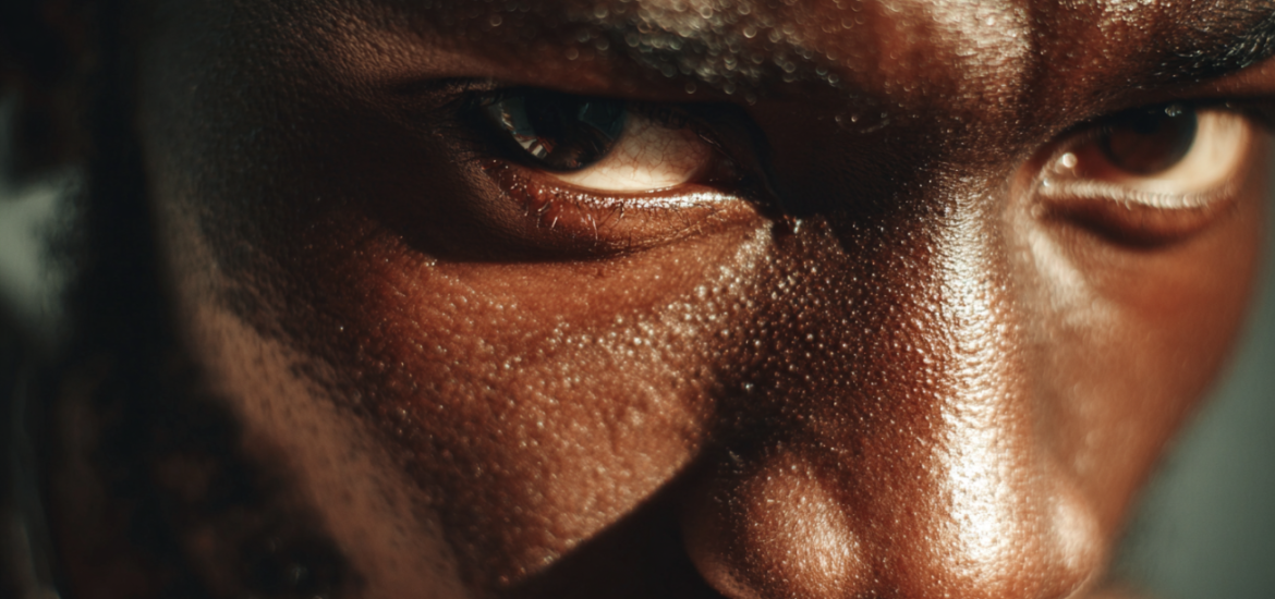 An up close image of a man's eyes looking determined to strengthen willpower
