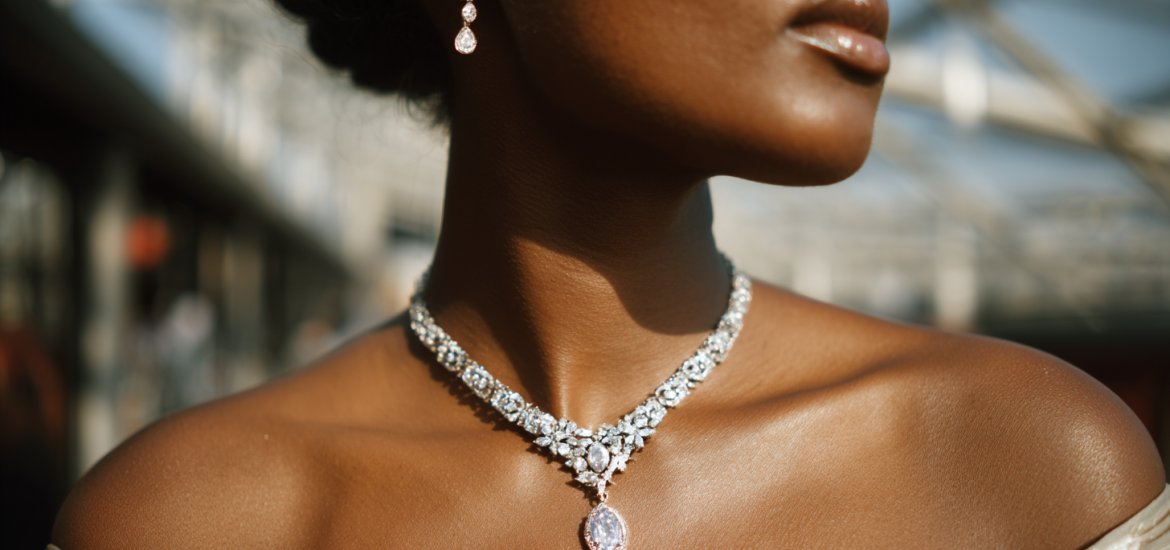 A woman wondering what real wealth is while wearing a diamond necklace and earrings