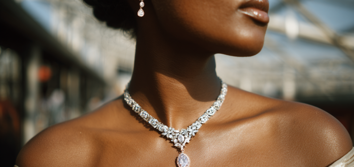 A woman wondering what real wealth is while wearing a diamond necklace and earrings