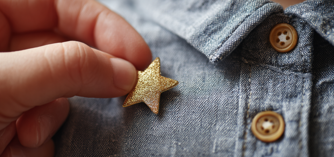 A hand rewarding a child by placing a golden star sticker on their shirt