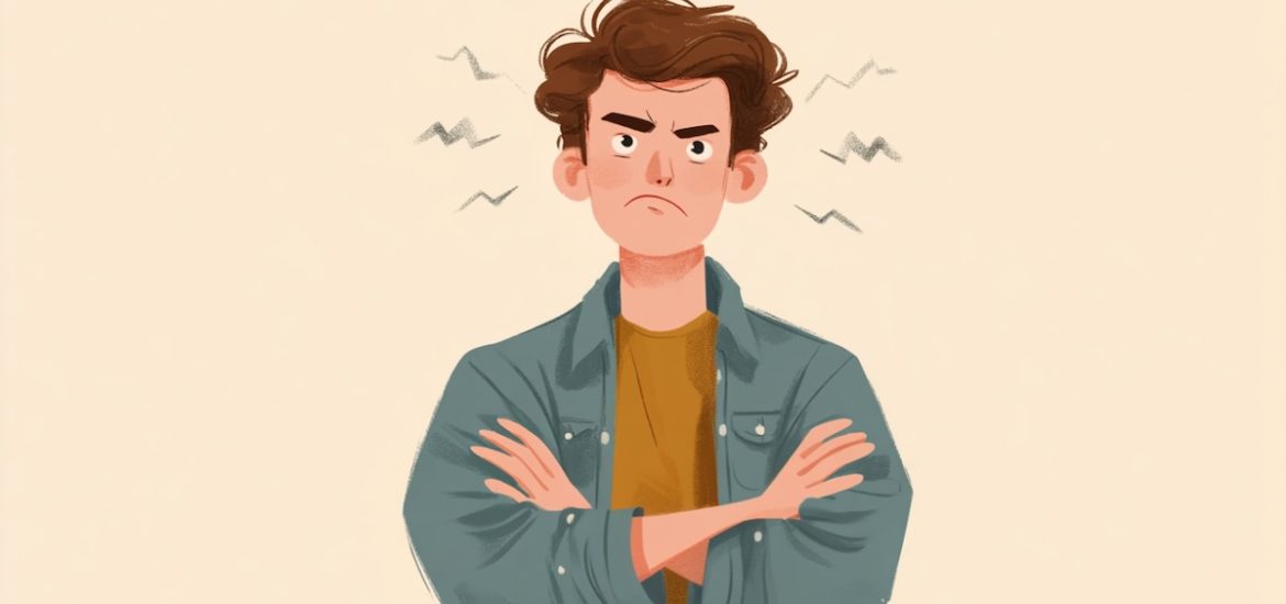 A drawing of a man who's frowning and crossing his arms illustrates how to stop being defensive
