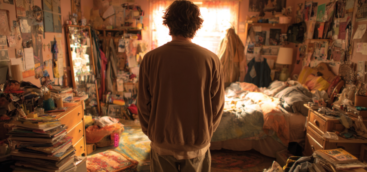 A man in sweatpants standing in the middle of a very cluttered and messy bedroom