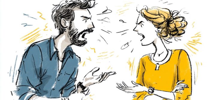 A sketch of a man and a woman in a heated discussion illustrates how to de-escalate a conflict and avoid escalation
