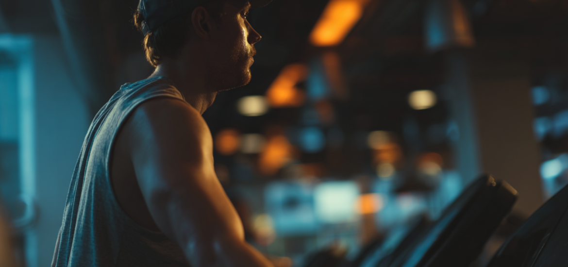 A man on a treadmill at the gym exercising his willpower to reach his goals