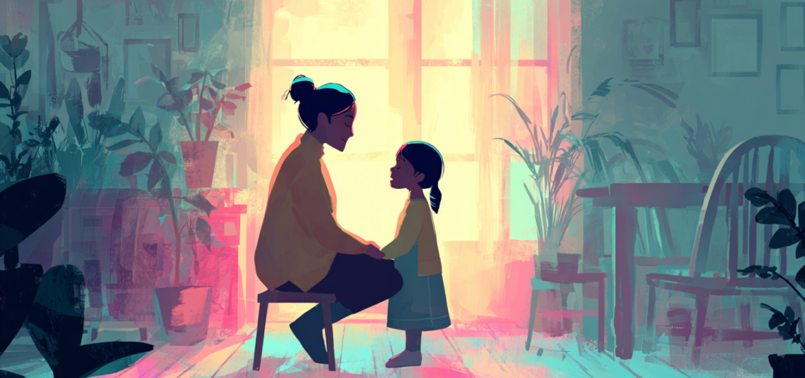 A drawing of a mother speaking to her daughter about discipline