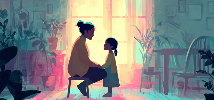 A drawing of a mother speaking to her daughter about discipline