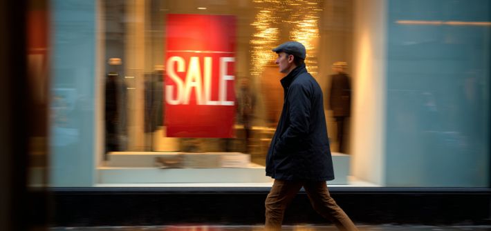 A man walking past a shop window that has a sale sign in it