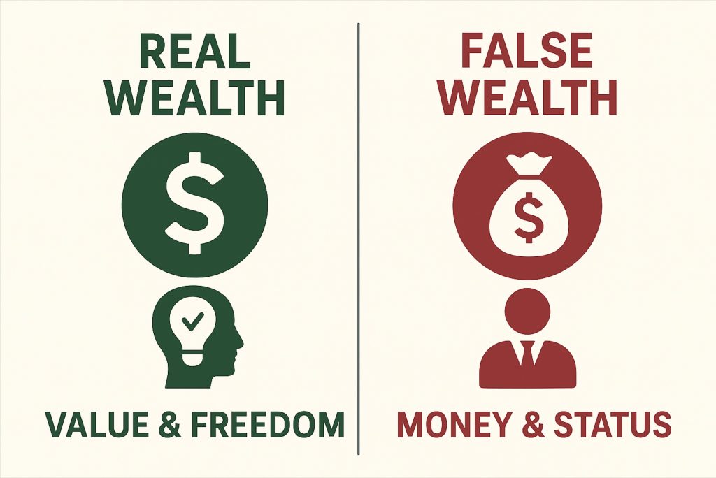 A depiction of real wealth vs. false wealth