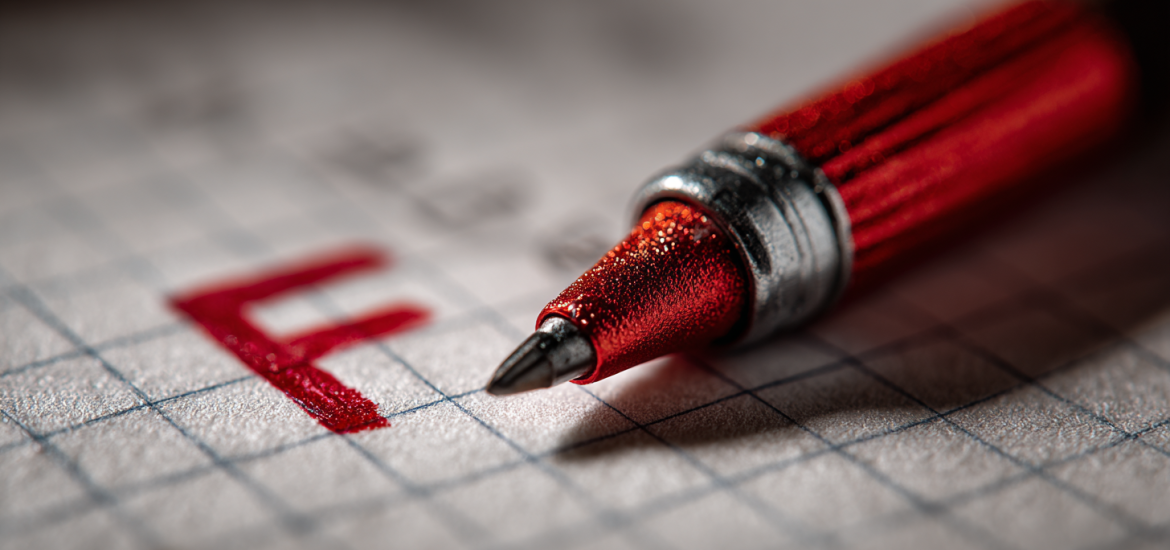 A red F on a piece of paper next to a red pen, representing learning from failure