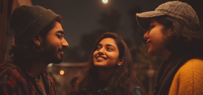 One man and two women talking outside at nighttime illustrates how to connect with people