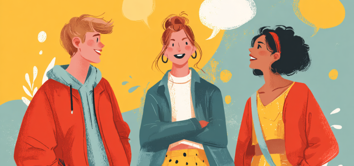 A cartoon sketch of one woman communicating to a man and a woman