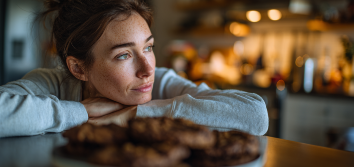 A woman leaning on a counter in front of a plate of cookies, exercising her willpower