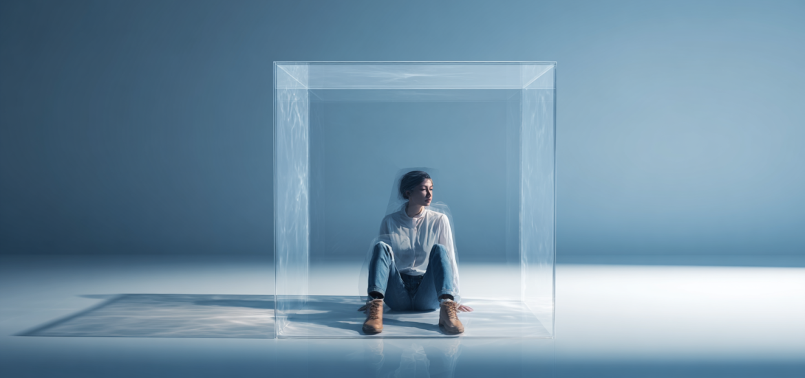 A woman trapped in an invisible box of limiting beliefs
