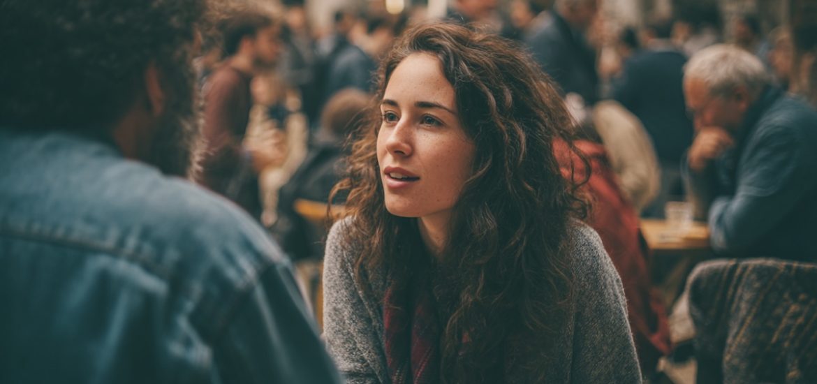 A young woman with curly brown hair communicating assertively to a man in a crowded room