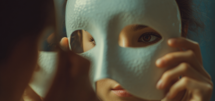A woman wearing a mask, trying to overcome imposter syndrome
