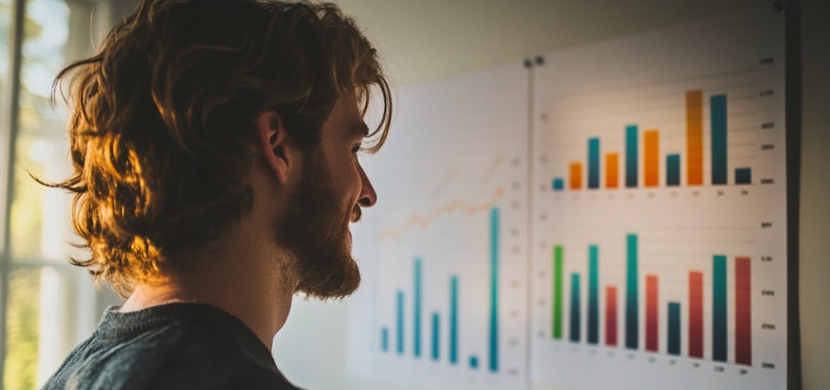 A smiling man looking at bar graphs posted on a wall illustrates business performance metrics