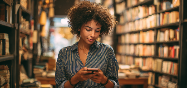 A woman using her cellphone while in a bookstore