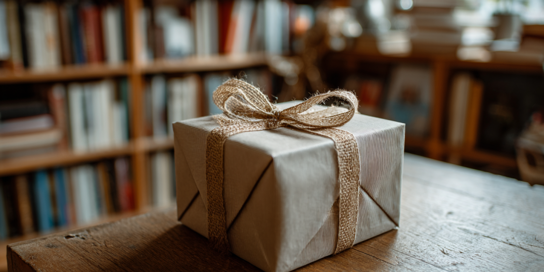 A gift for book lovers sitting on a table in front of a bookshelf