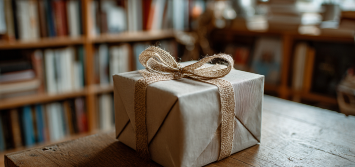 A gift for book lovers sitting on a table in front of a bookshelf