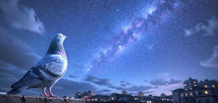 A pigeon looking up at the night sky illustrates Cosmic Microwave Background radiation and its discovery
