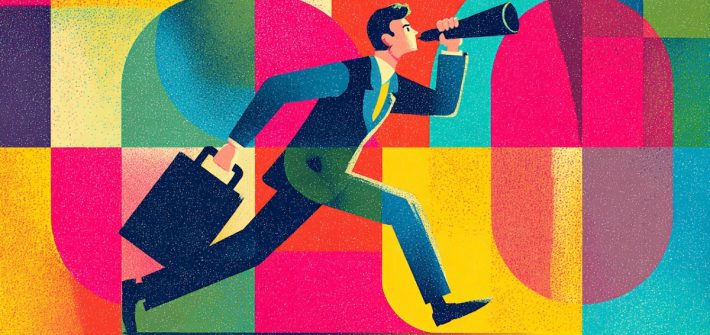 A drawing of a professional man holding a briefcase, speaking into a megaphone, and running illustrates how to be a go-getter