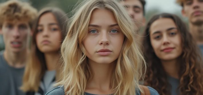 A blonde teenage girl and five teenage boys and girls in the background illustrate the neurobiological incompetence model