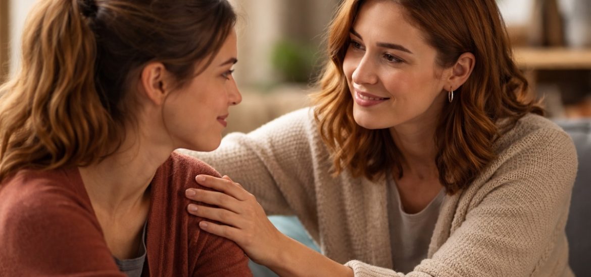A smiling woman putting her arms around another woman illustrates what psychological validation is
