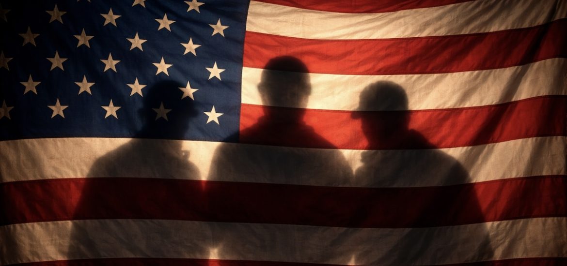Three shadowy men hiding behind an American flag illustrate what accelerationist ideology is about