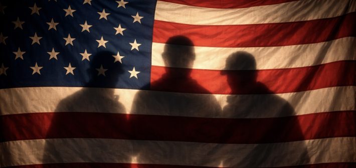 Three shadowy men hiding behind an American flag illustrate what accelerationist ideology is about