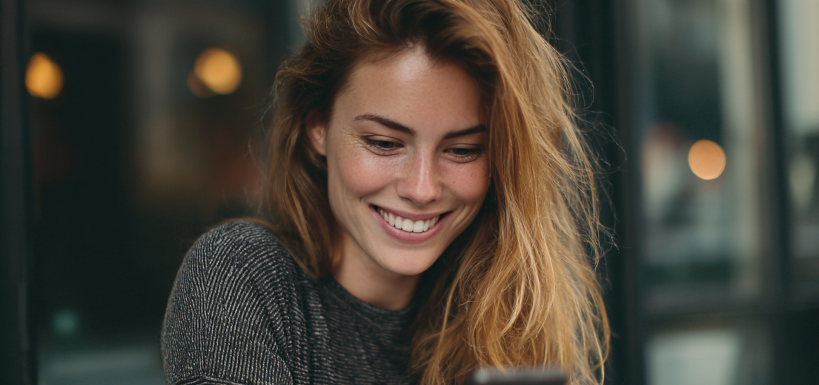 Una mujer que sonríe mirando su teléfono, mientras utiliza las mejores aplicaciones con libros gratuitos