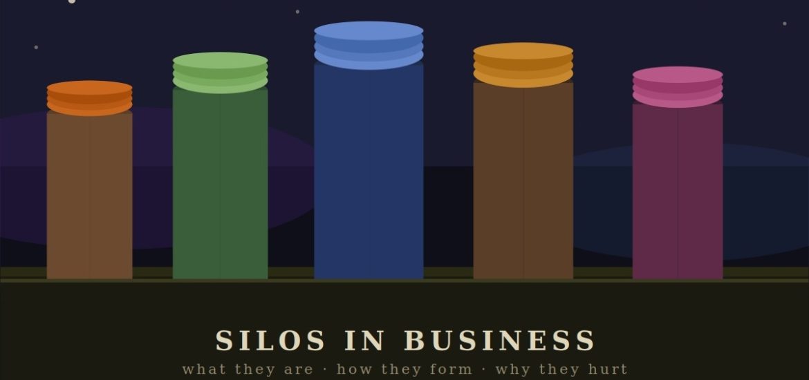 Five isolated grain silos standing apart from each other against a night sky illustrates what silos in business are like