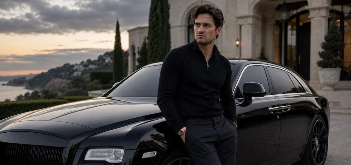A man with a dissatisfied look on his face surrounded by a luxury car and a mansion illustrates hedonic adaptation