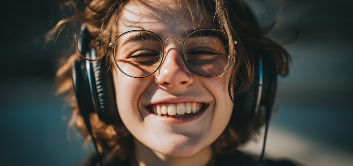 A woman smiling while listening to a free audiobook app through her headphones