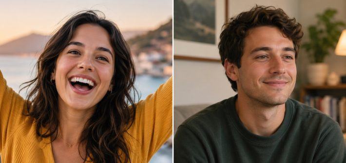 A split screen image with a really happy person and a content person, illustrating hedonic and eudaimonic happiness
