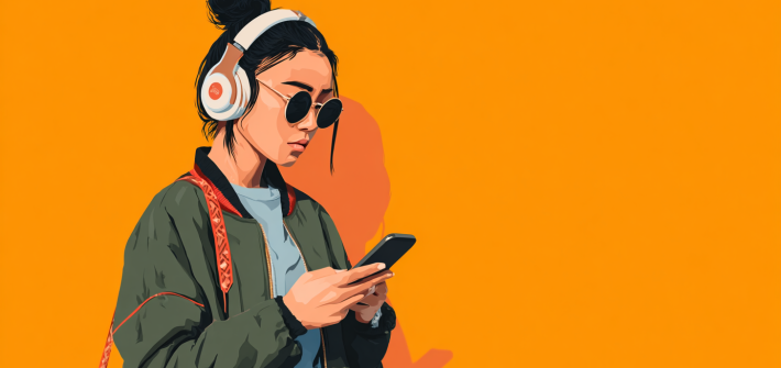 A woman wearing headphones listening to a podcast summary