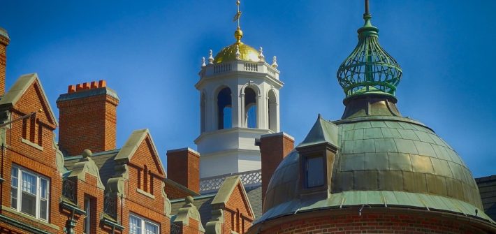 Tops of buildings on the campus of Harvard University in Cambridge, Massachusetts