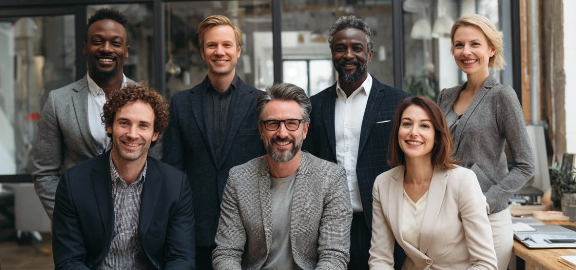 Seven smiling leaders in a professional workspace illustrate how to become an Octopus Organization