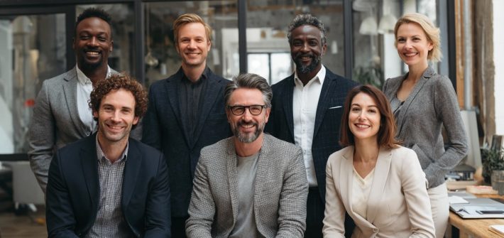 Seven smiling leaders in a professional workspace illustrate how to become an Octopus Organization